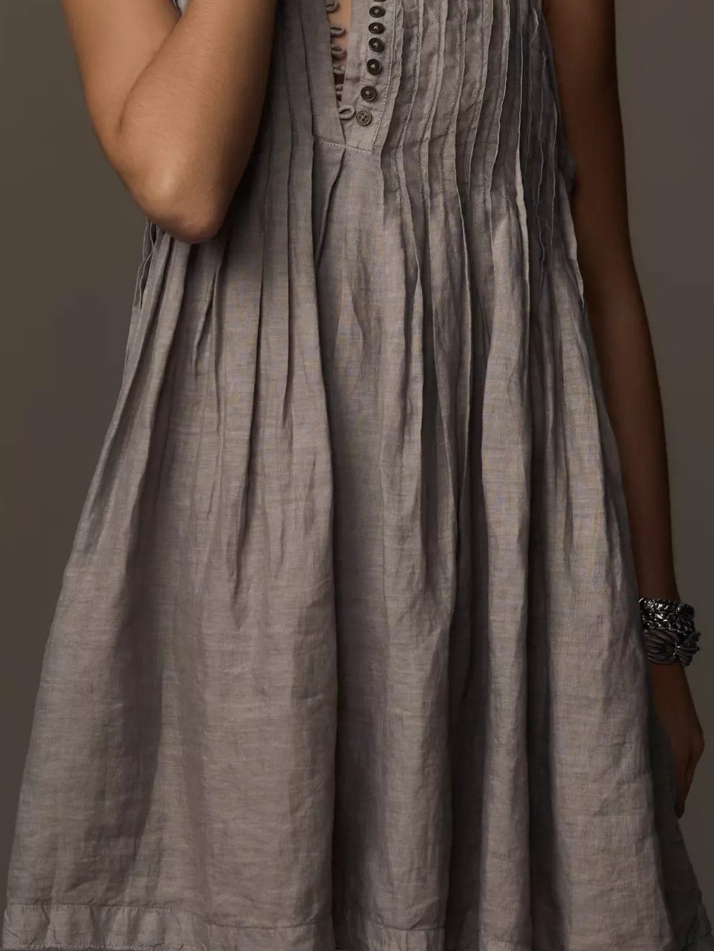 Anthropologie UNHEMMED Sleeveless Pleated Mini Dress in Taupe - Picture 3 of 7